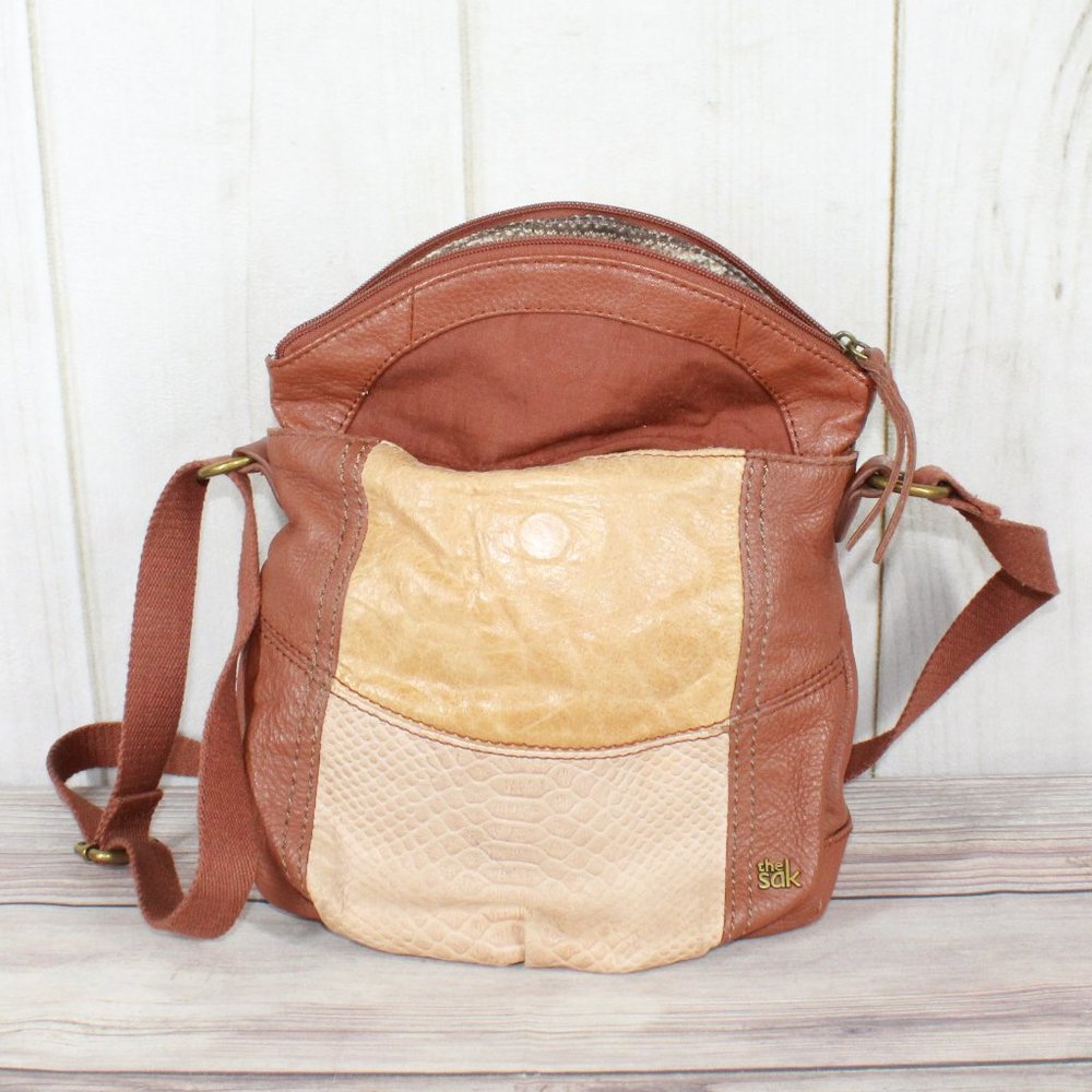 The Sak Brown Colorblock Snakeskin Leather Slouch Boho Crossbody Shoulder Bag - Picture 5 of 12